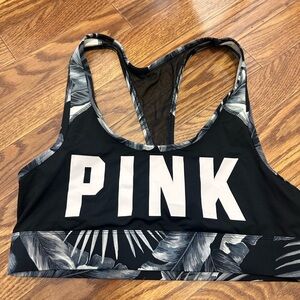 PINK Victoria's Secret Black and Gray Leaf Print Sports Bra